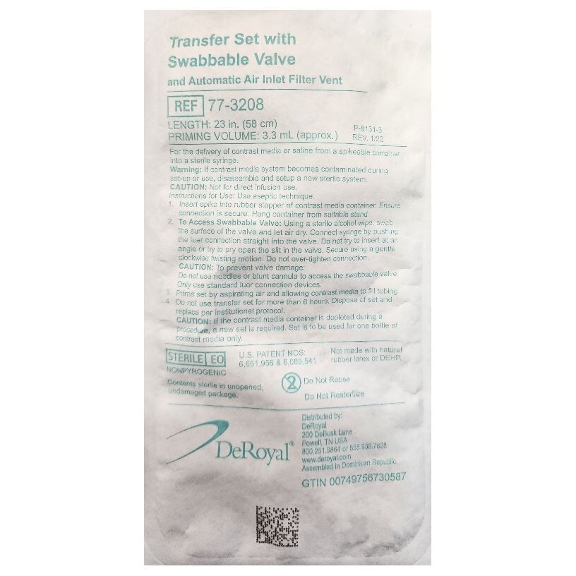 *100-Packs* DeRoyal CT Transfer Set With Swabbable Valve Sterile 77-3208