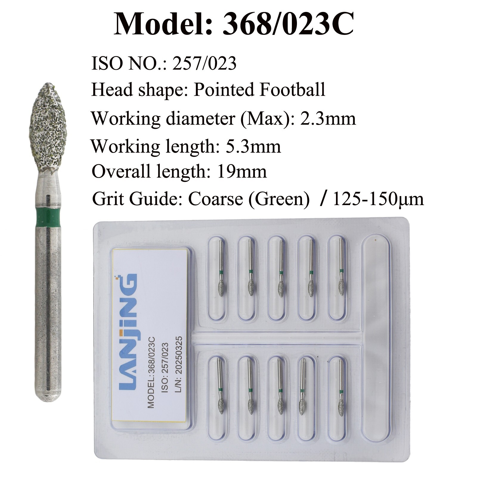 Dental Diamond Bur 368/023C 368/023F Pointed Football FG Burs Fine Coarse Burr