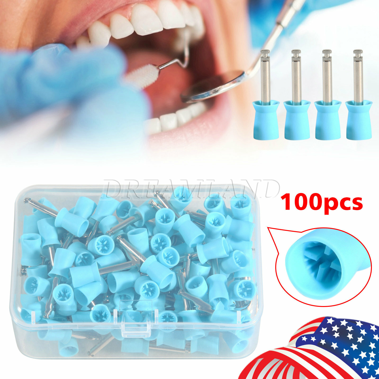 100PCS Dental Tooth Polishing Cups Brushes Latch Type Rubber Blue Polish USA