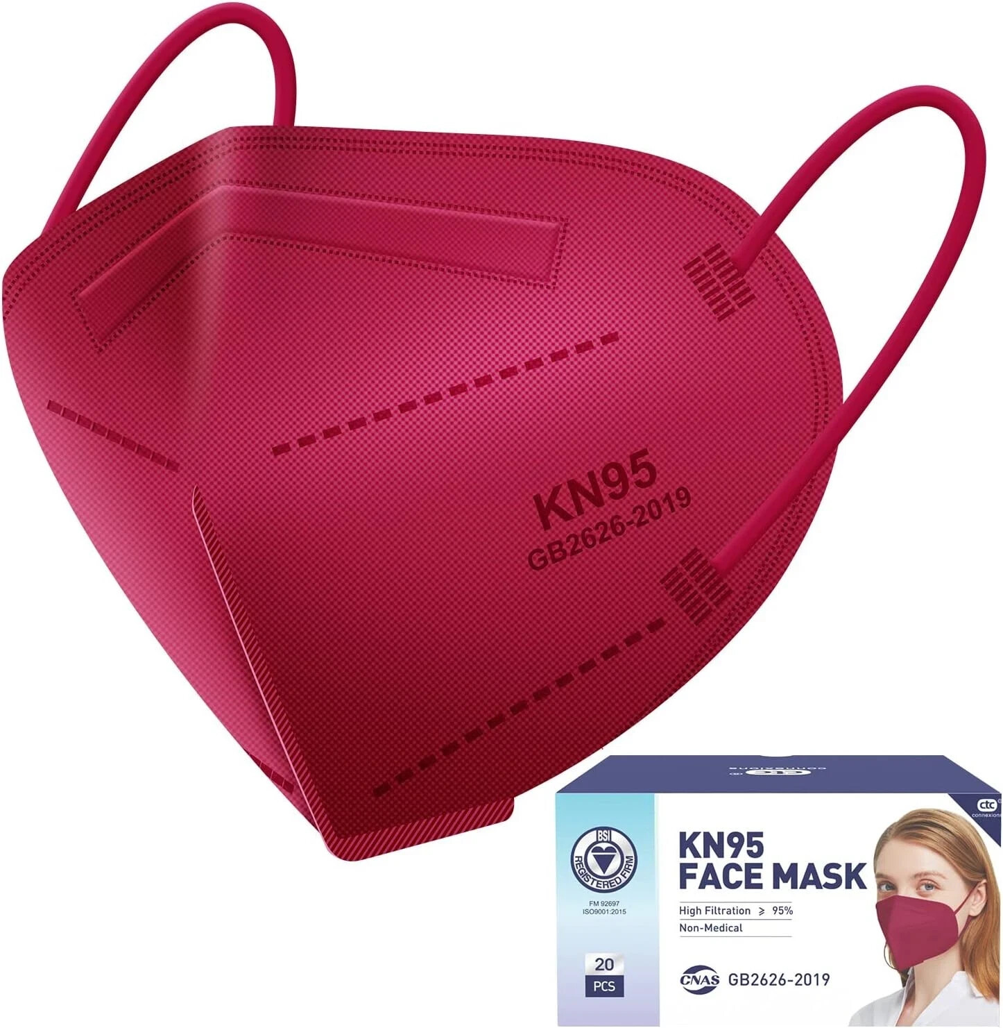 KN95 Red Face Mask 20PCS, 5-Ply Cup Dust Masks Filtration Efficiency ≥95%…