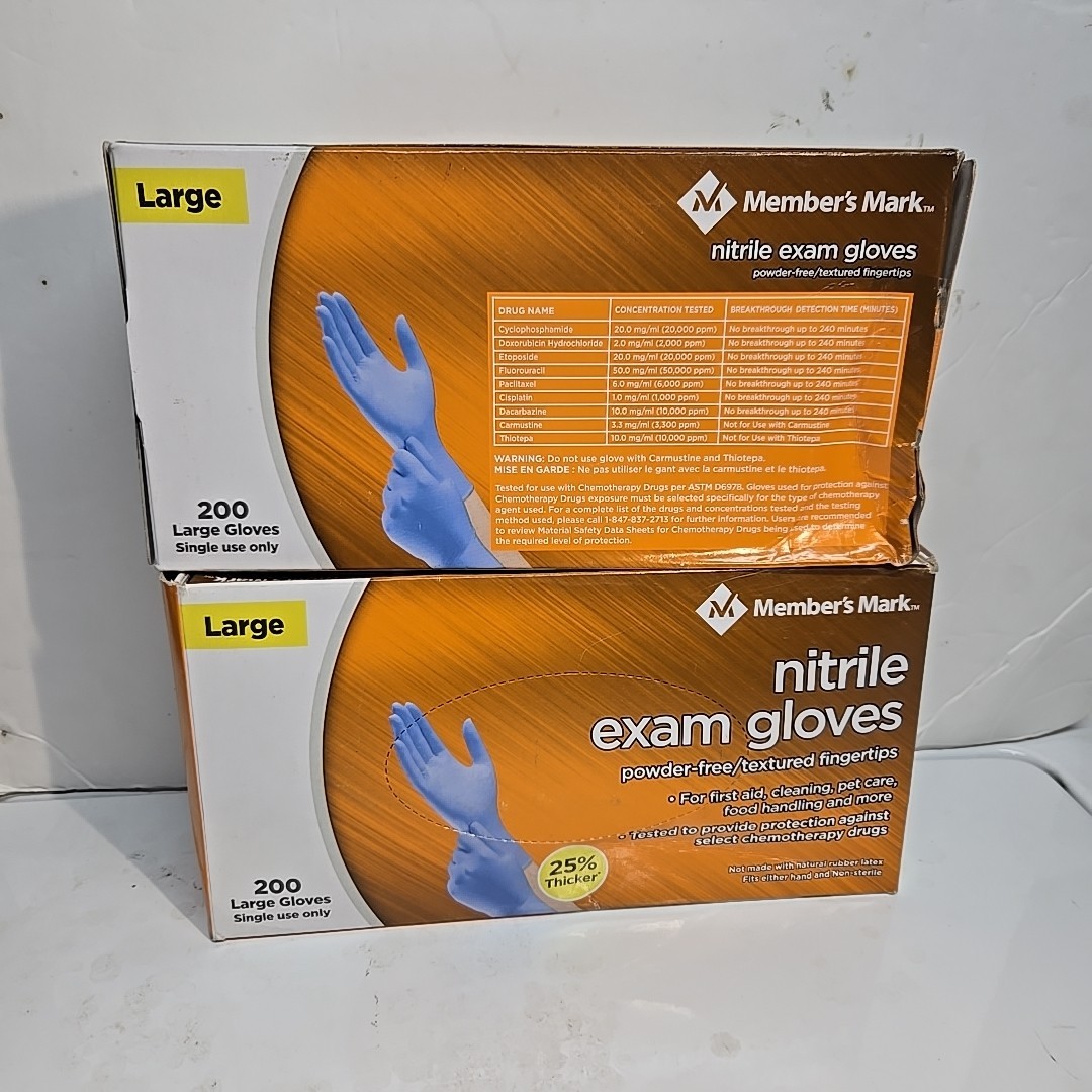 Large LG Nitrile Member’s Mark Exam Gloves 2 Boxes = 400 Count Powder Free New