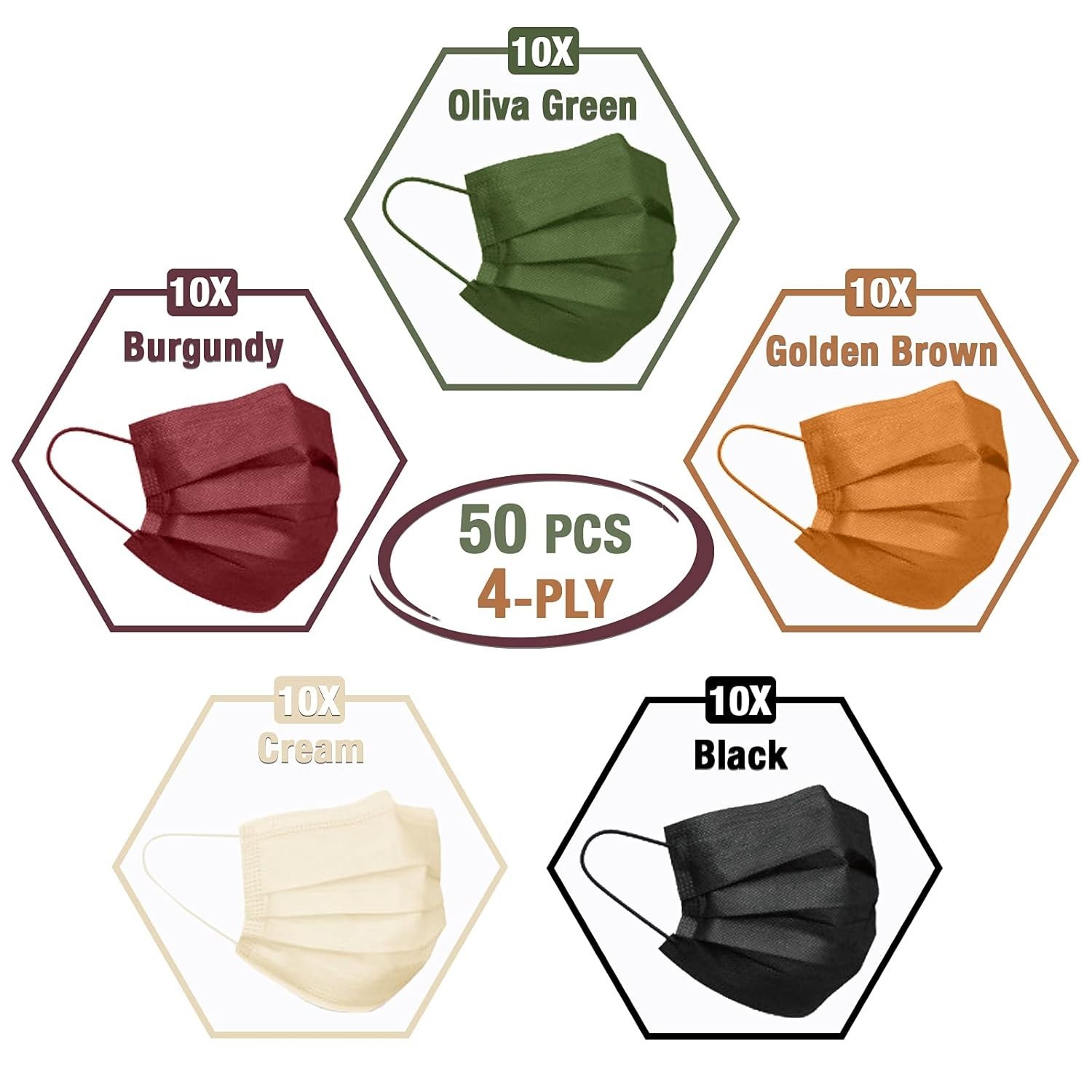 Breathable 4-Ply Disposable Masks – Colorful, Individually Wrapped, 50 Count