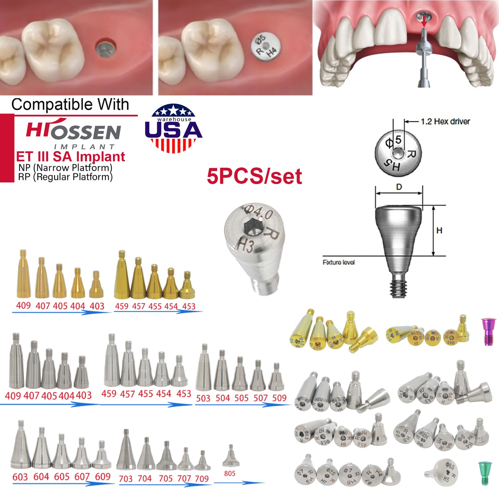 US 5P/k Dental Healing Abutment & Closure Cap Fit Nobel Straumann Hiossen Osstem