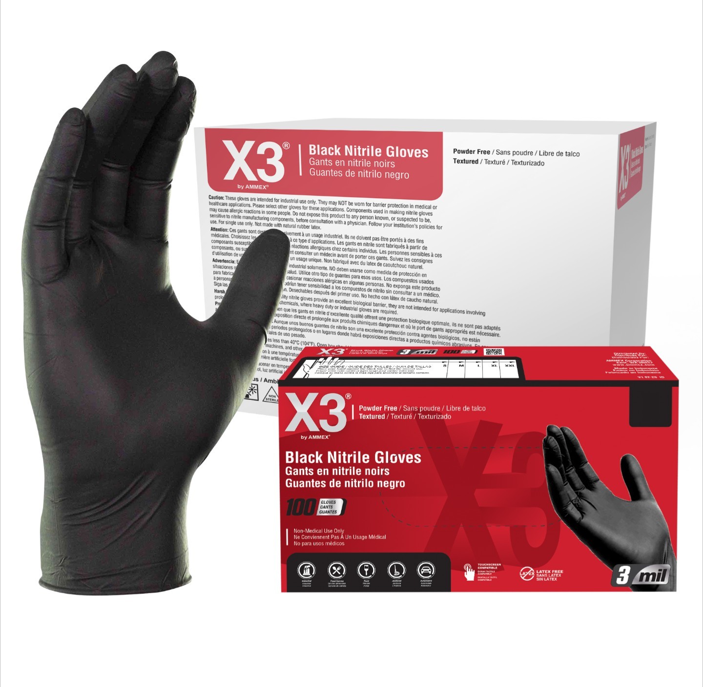 X3 1000 L Disposable Gloves 3 Mil Black Nitrile Industrial Latex Free Food-Safe