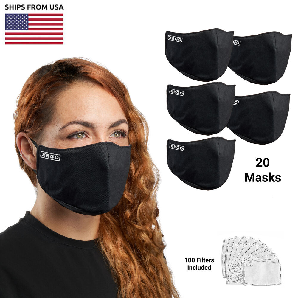 (20-Count) XRGO XM25BKE Black Cloth Reusable Face Masks with 100 PM2.5 Filters