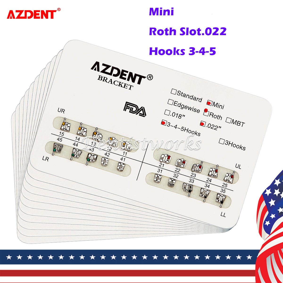 20 kits Dental Orthodontic Brackets Braces MINI Roth Slot.022 Hooks 345 AZDENT