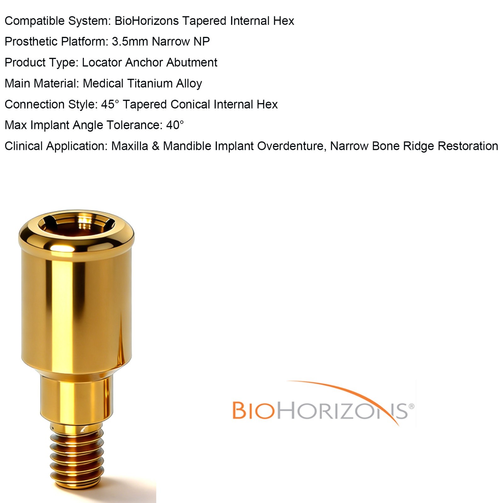 US Locator Abutment for BioHorizons Tapered Pro Plus Short 3.5mm Narrow Platform
