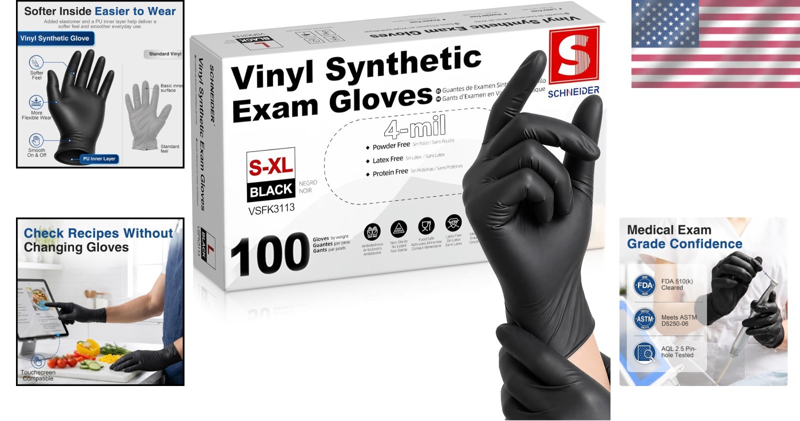 Large Black Latex-Free Vinyl Gloves – 4 Mil Disposable for Medical & Kitchen Use