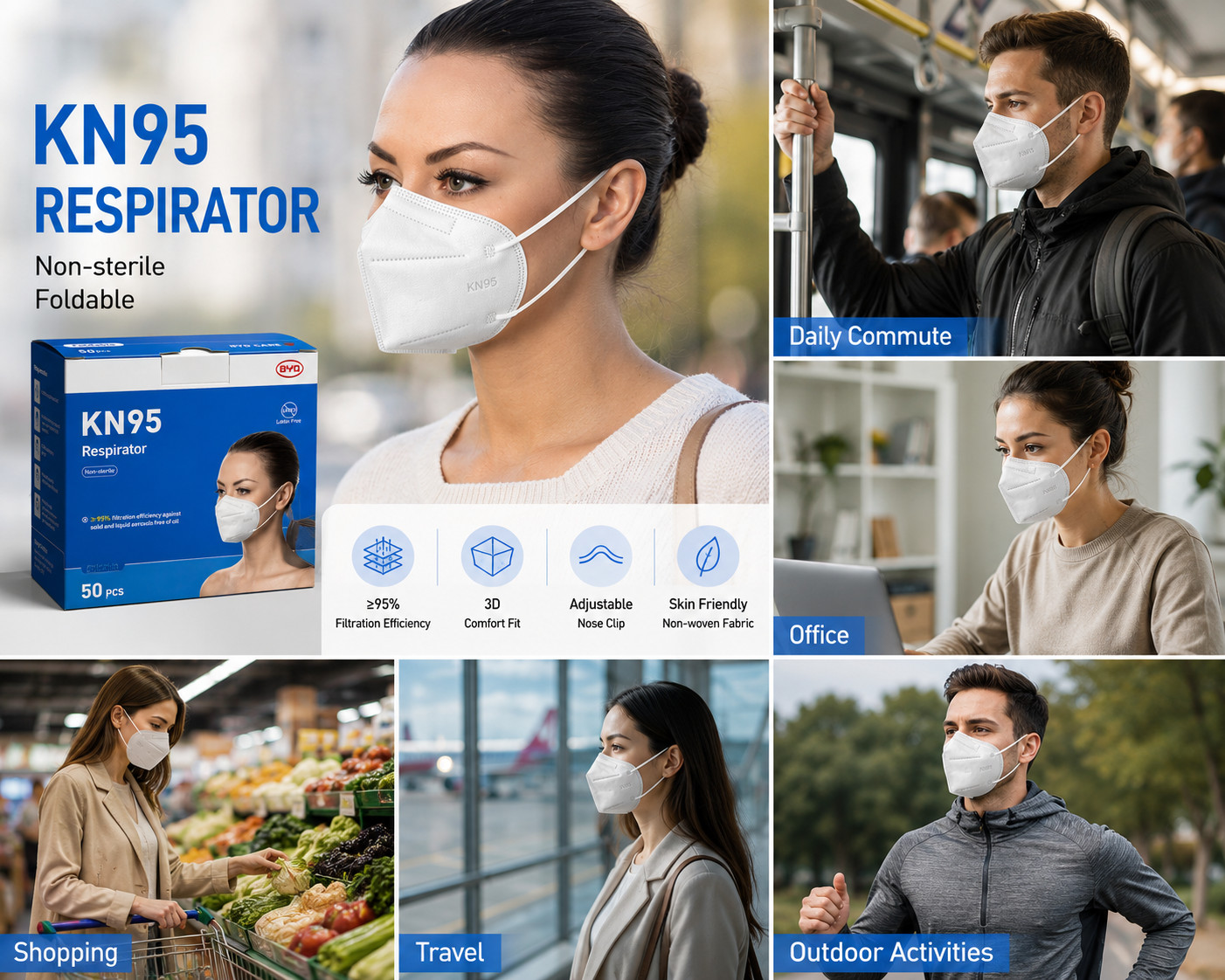 50PCS KN95 BYD Face Masks Foldable Breathable Dust Pollen Outdoor Use