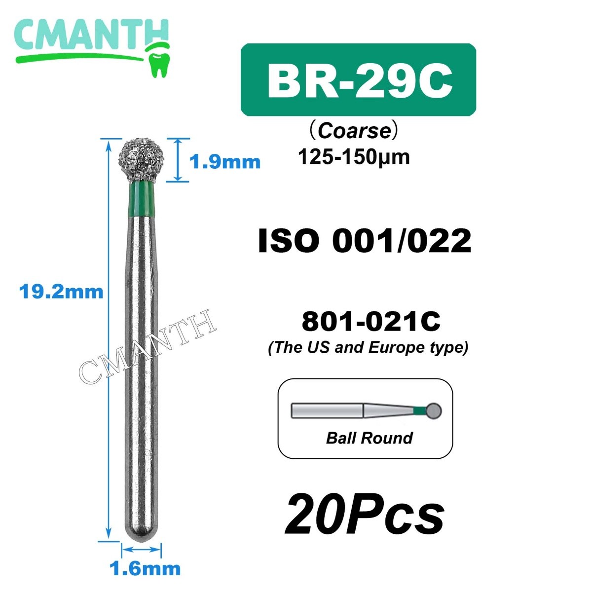 US BR Type Dental Diamond Burs Dentistry Strawberries High Speed Bur 1.6mm 20Pcs