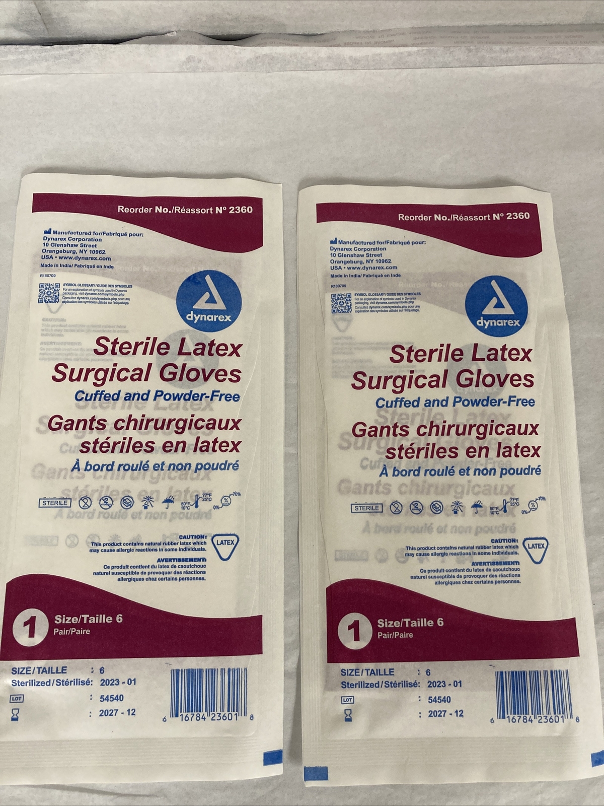 Dynarex #2360 Sterile Latex Surgical Gloves, Size 6 – lot of 2 pairs