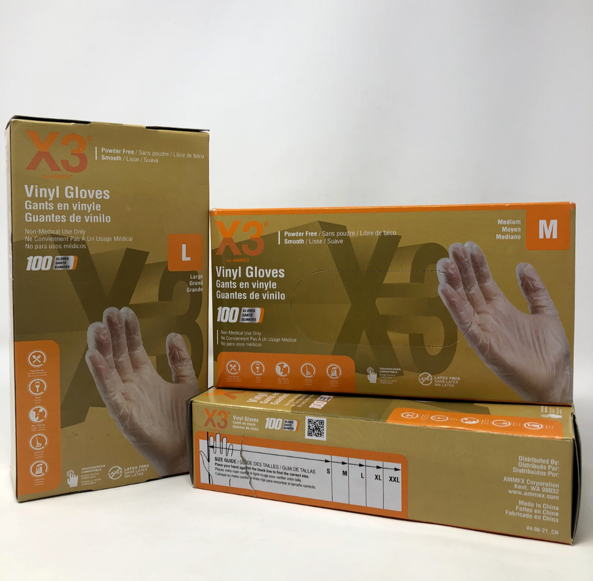 Lot of 3 AMMEX Clear Vinyl 100 Disposable Gloves Two Large One Medium Boxes NIB