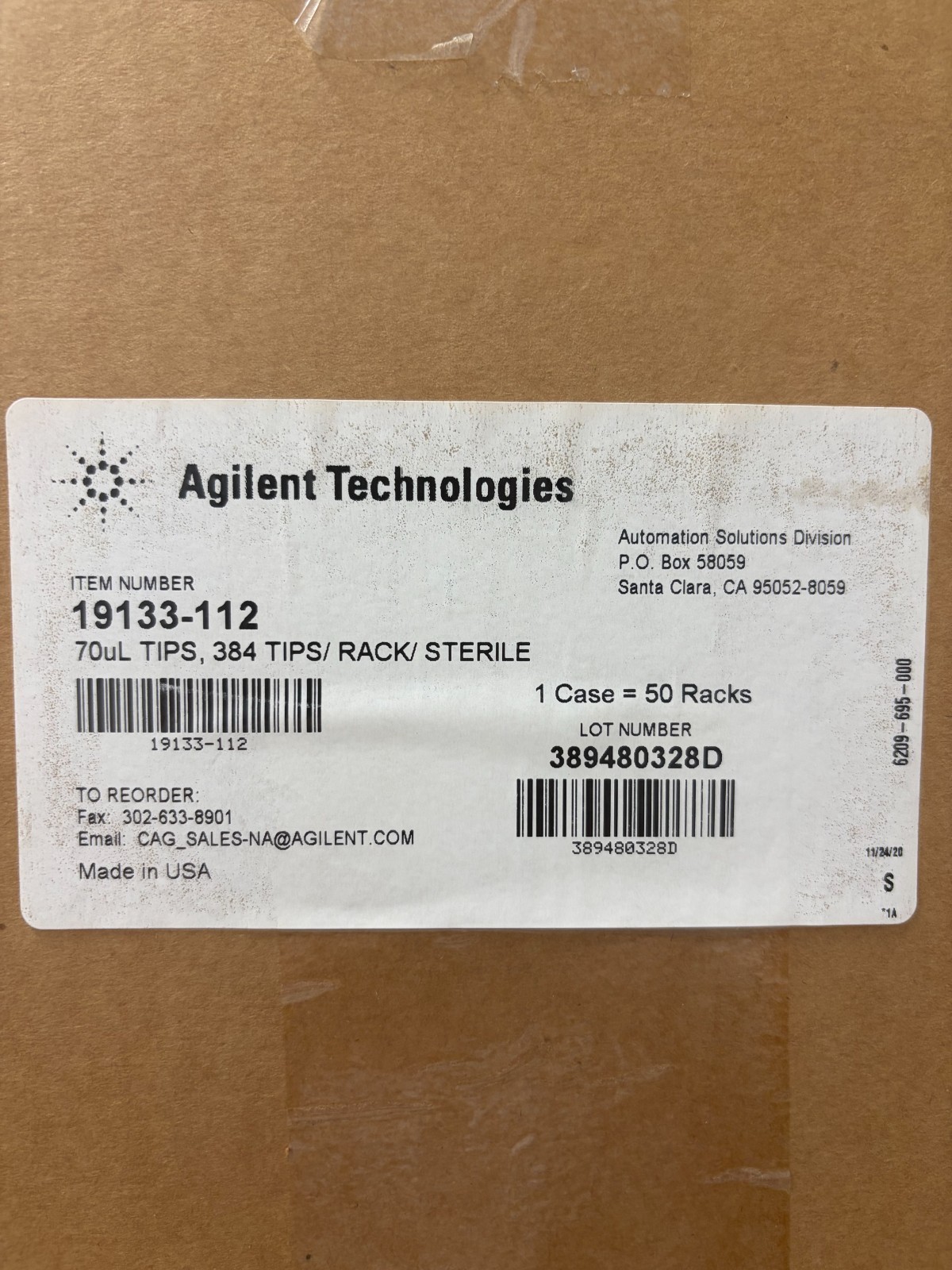 Agilent 70uL TIPS, 384 TIPS/RACK/STERILE, 1 Case of 50 Racks (19133-112)
