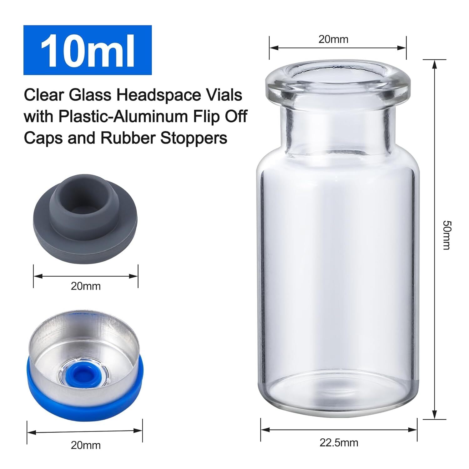 100pcs 10ml Vials Glass Clear with Plastic-Aluminum Caps and Rubber Stoppers USA