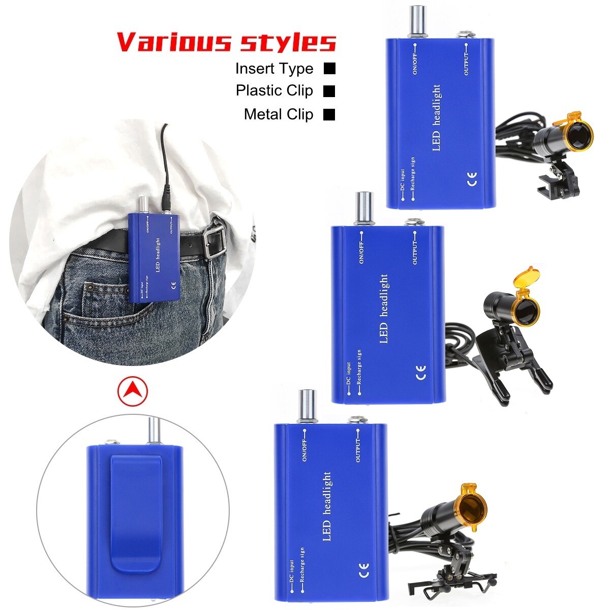 5W Dental LED Headlight Lamp with Filter and Belt-Clip Insert/ Clip-on Type Blue