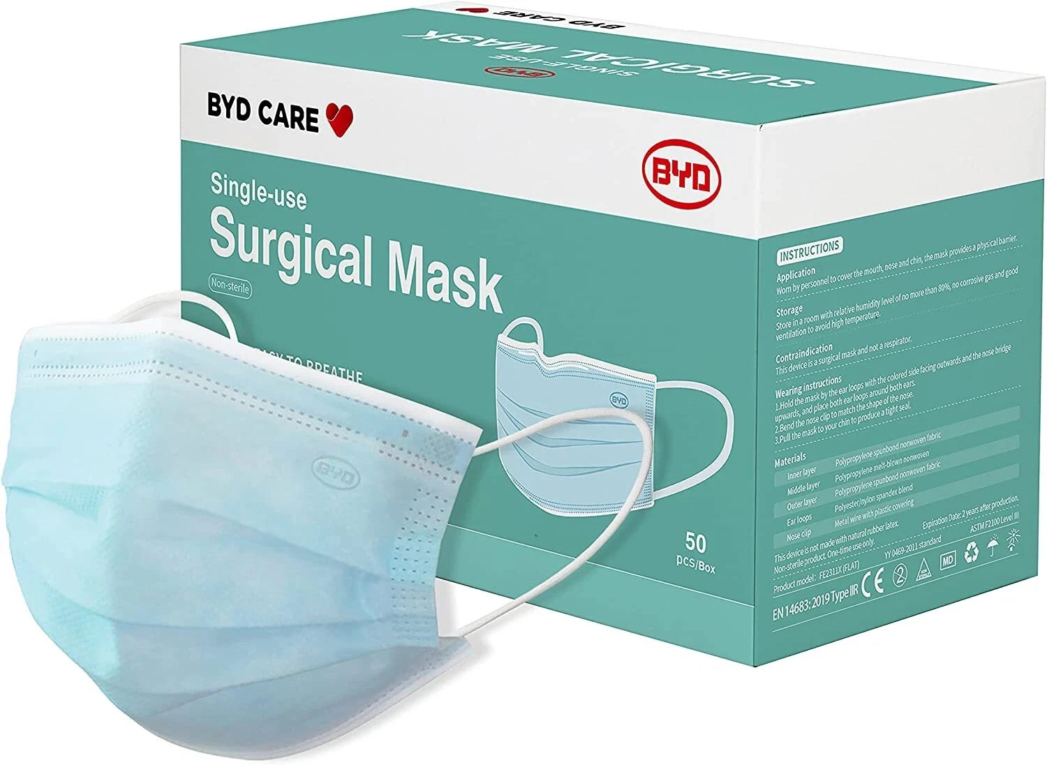 BYD CARE Single use Surgical Masks One size green Box 50 PCS