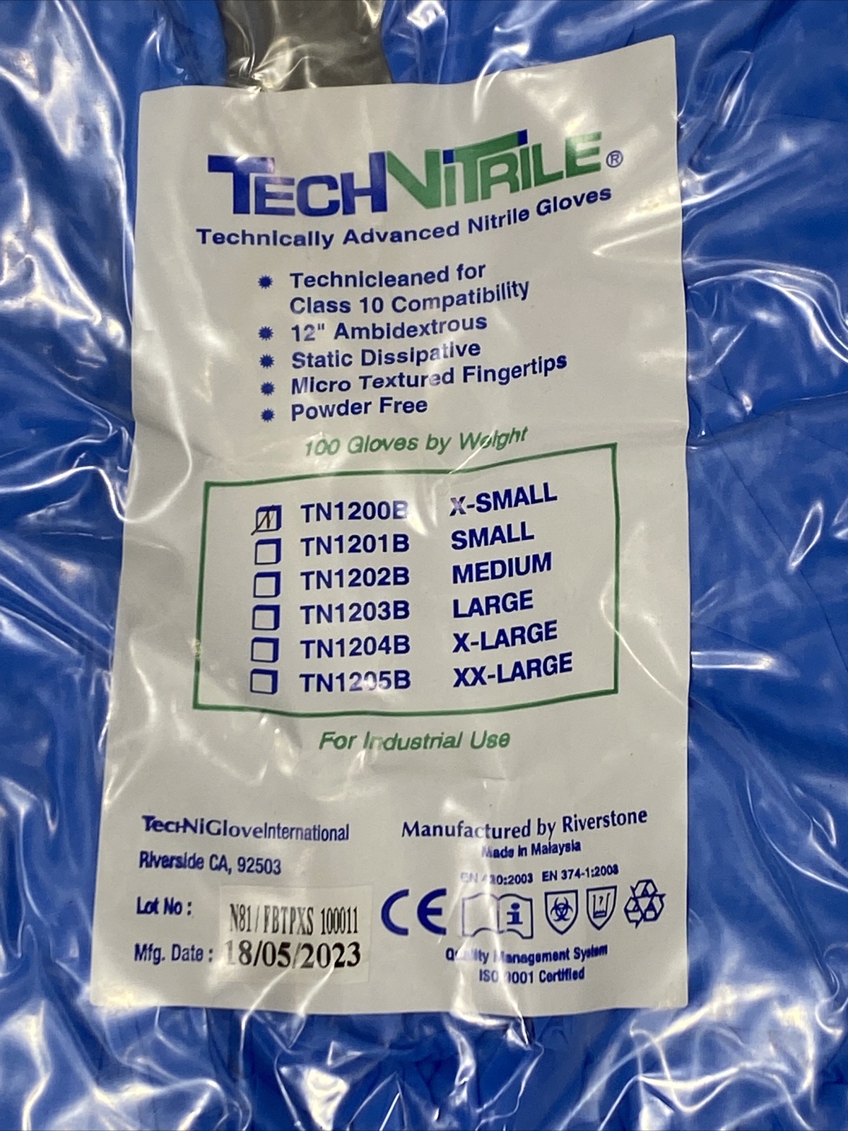 TechNitrile Nitrile Gloves Size XS, 100pc Disposable, Blue TN1200B New