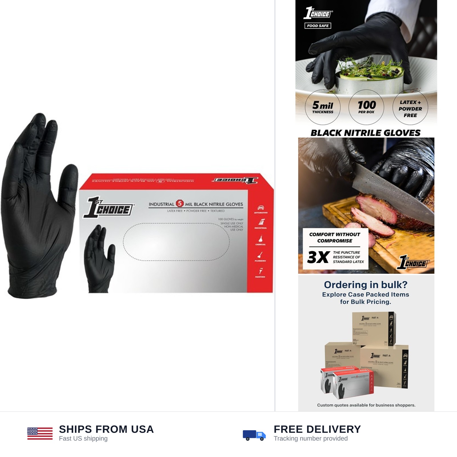 1st Choice Nitrile Gloves Disposable Latex-Free, Black, 5 Mil for Cooking, Cl…