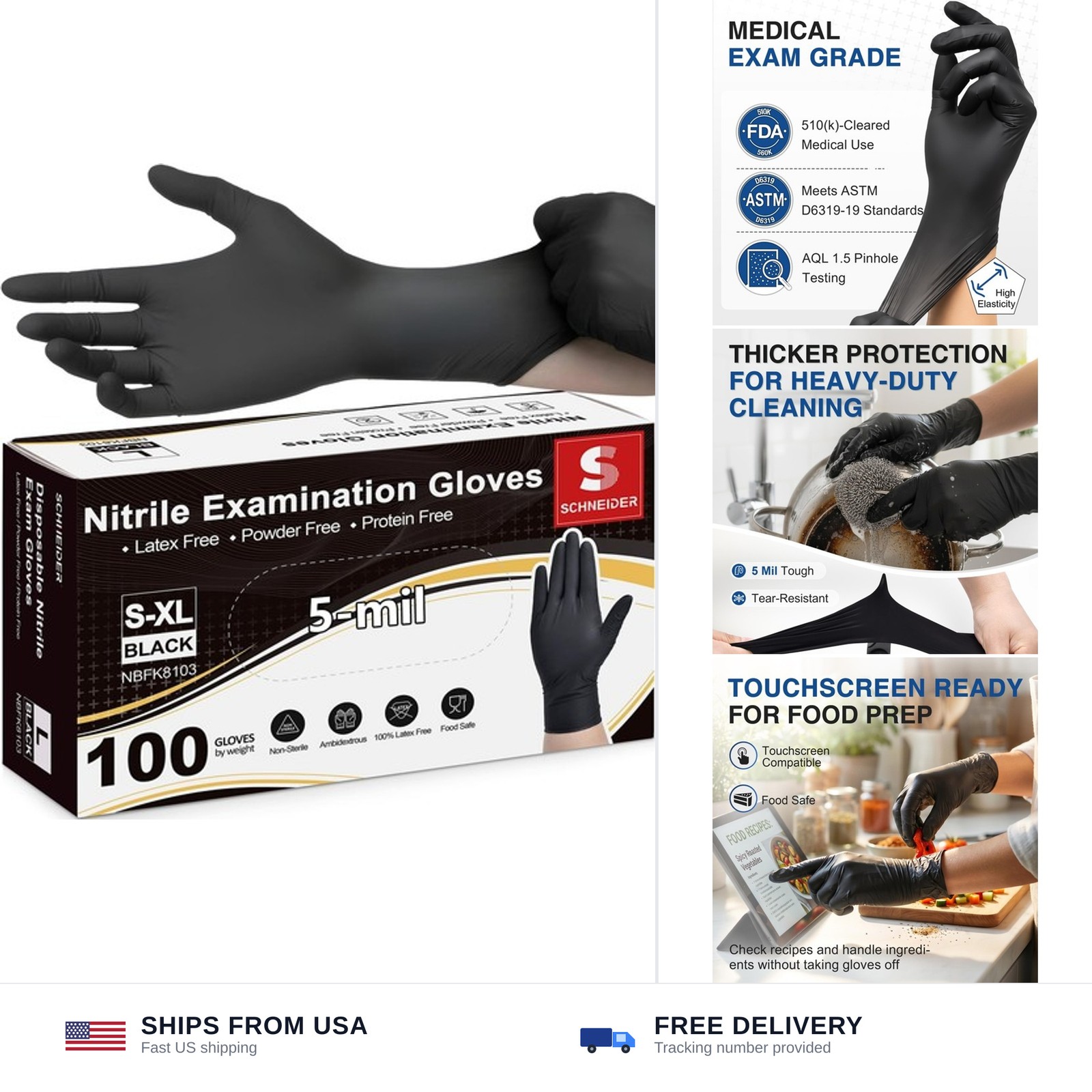 Schneider Medical Black Nitrile Exam Gloves, 5 Mil Latex-Free & Powder-Free D…