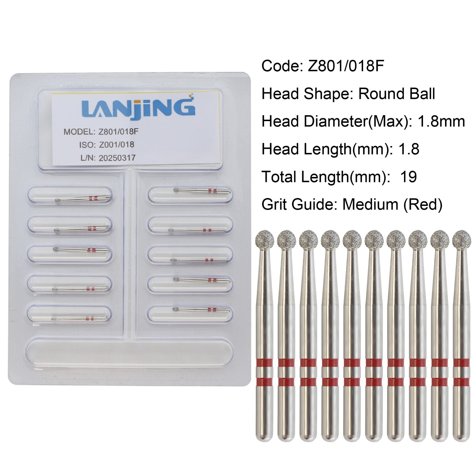Dental Diamond Burs Zirconia Adjustment FrictionGrip Round Ball Z801 Fine Medium