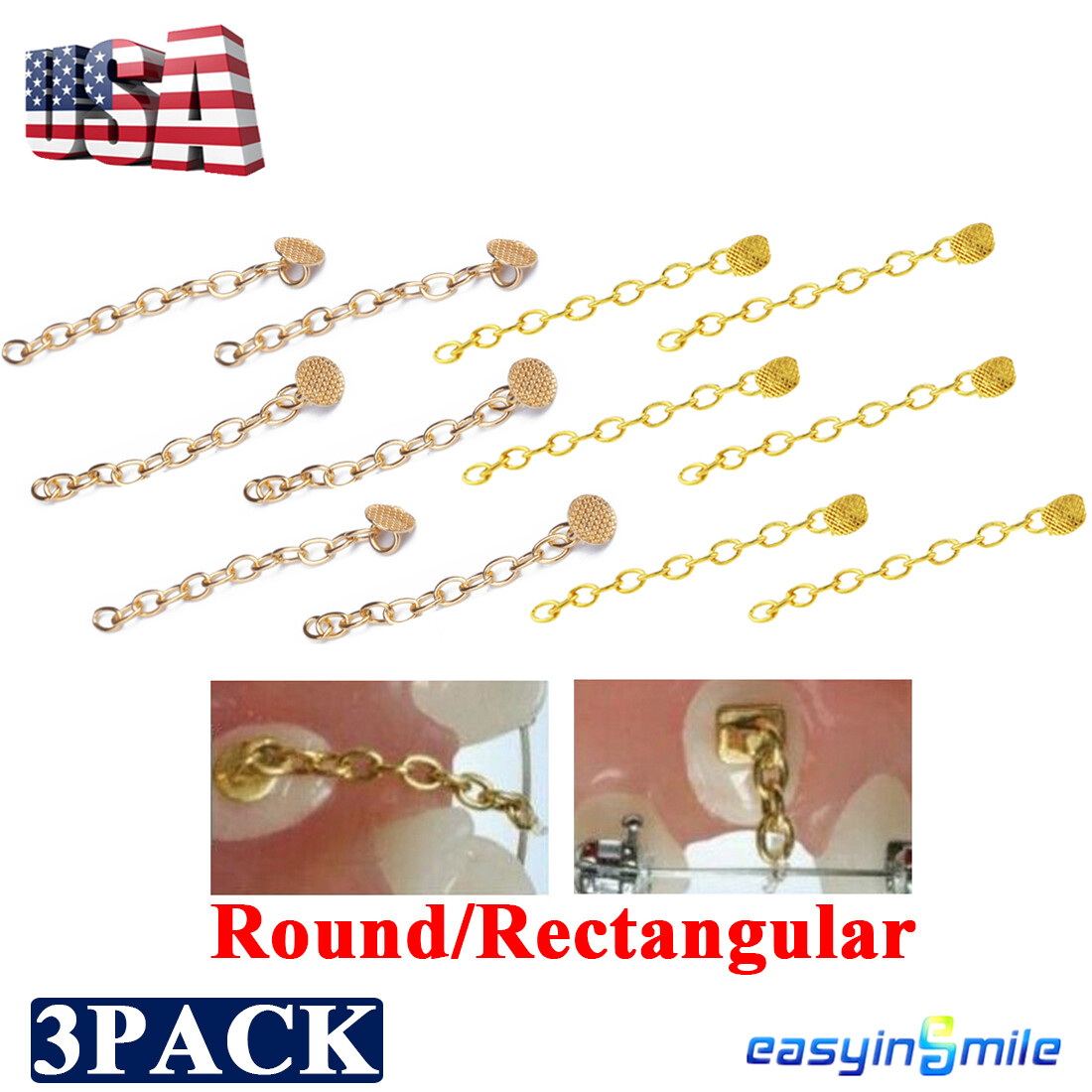 6pcs Dental Ortho Traction Chain Round Button with Chain Gold Plated Easyinsmile