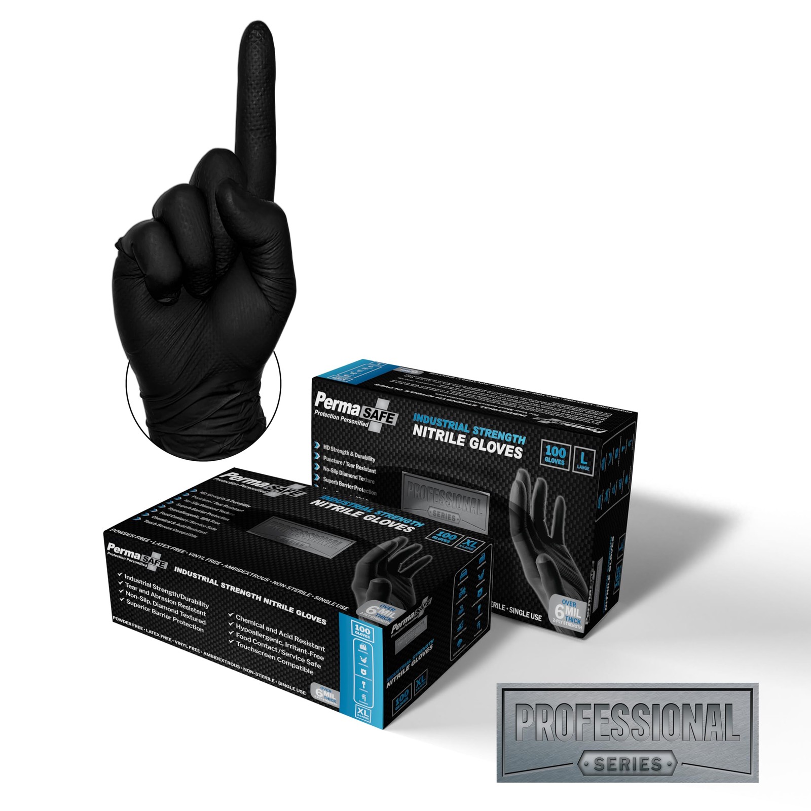 PermaSafe HD Black Disposable Nitrile Industrial Gloves, 6+ Mil, Latex-Free, …