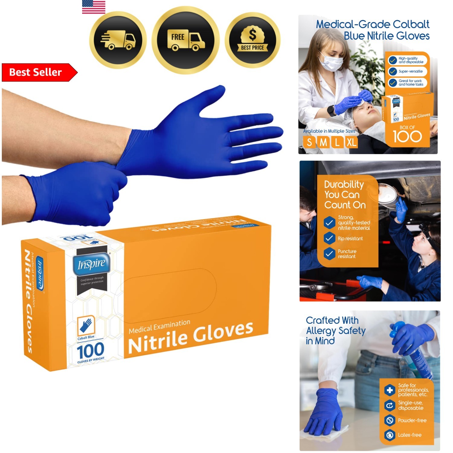 Nitrile Disposable Gloves Black Blue Medical Exam Food Cleaning 100 pcs