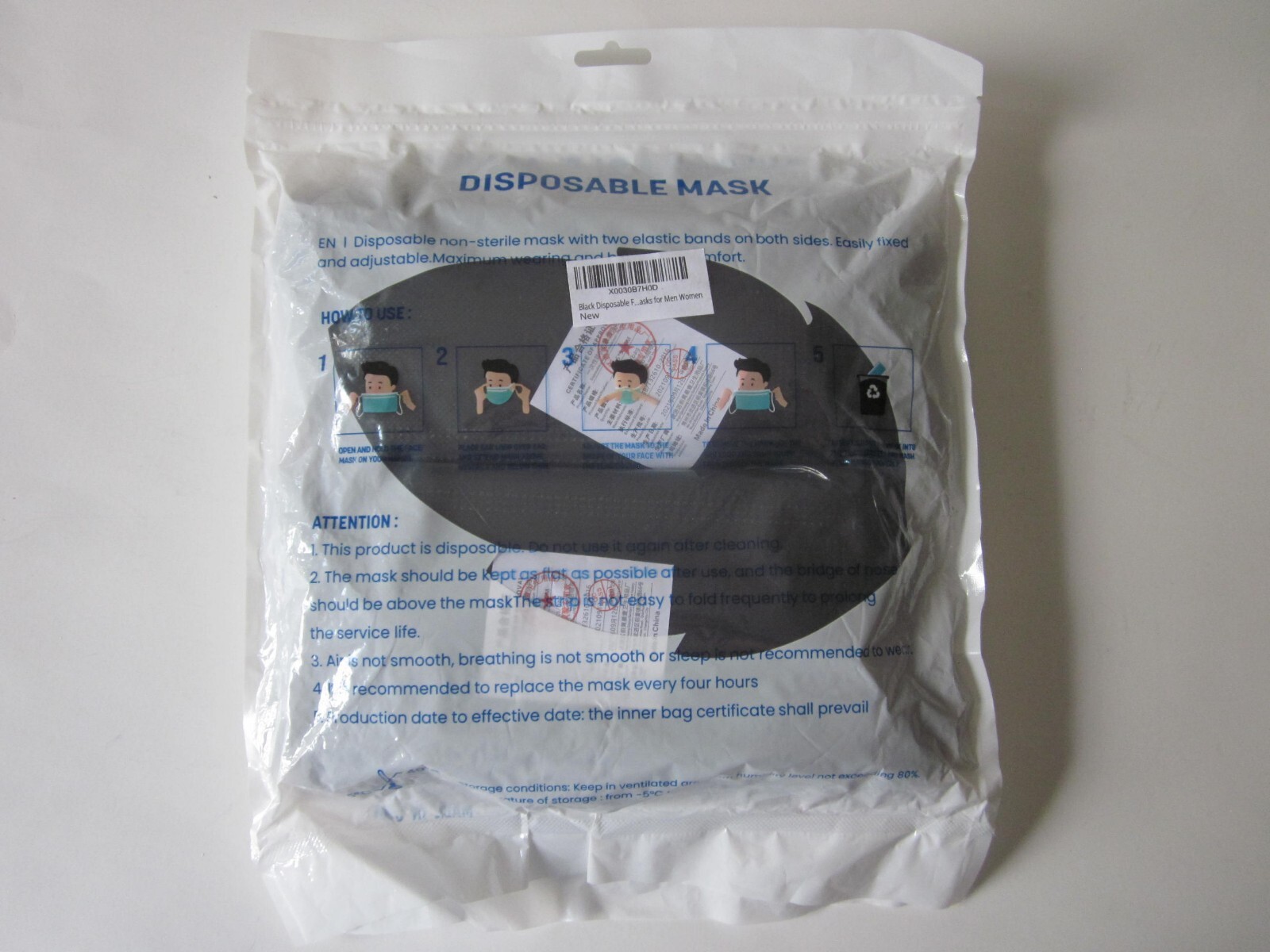 Adults Face Mask 3 Layer Protection Ear Loop Black 100 Pcs