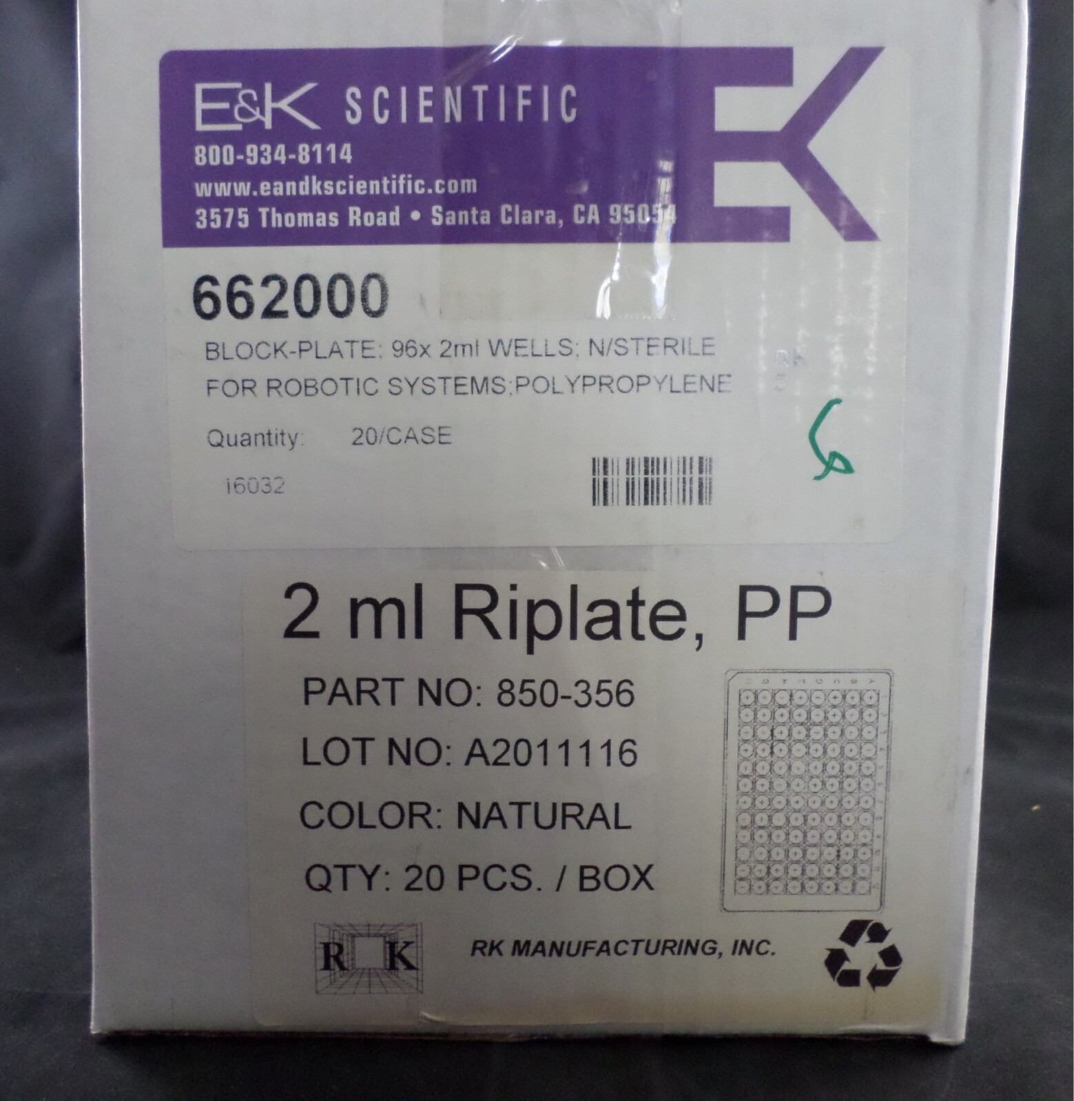 E&K Plastic 2mL 96-Well 2mL Block-Plate U-Shape NonSterile Robo 850356 20/CASE