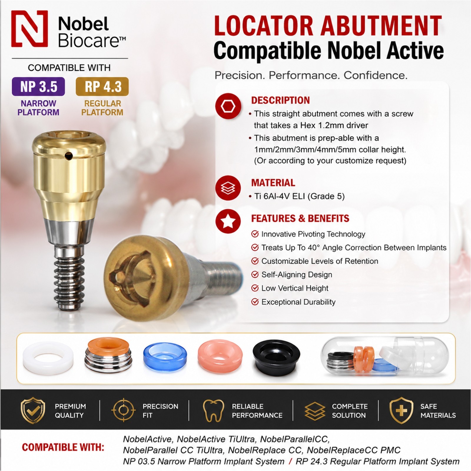 US Dental Locator Overdenture Abutment & Caps Fits Nobel/Hiossen/Zimmer/MIS/TSV