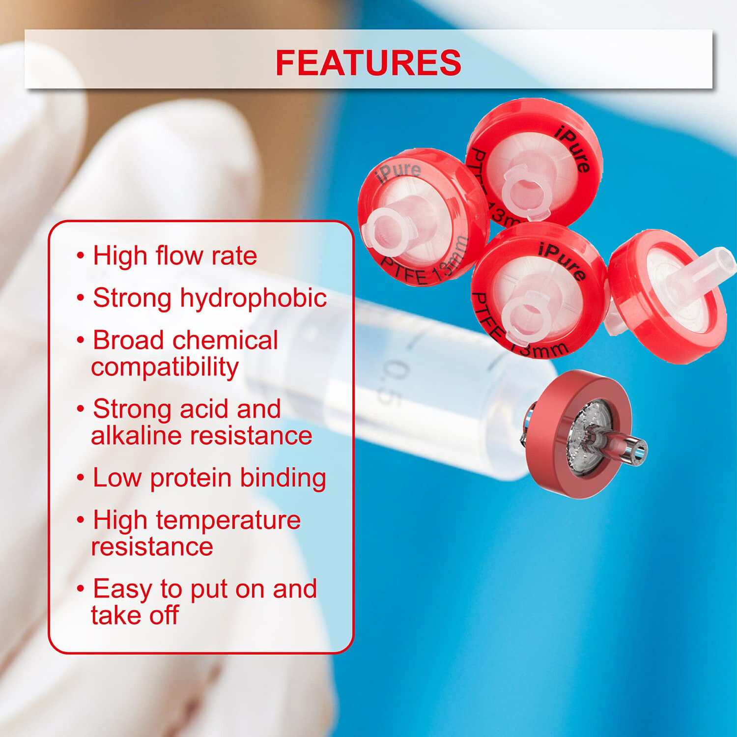 Simpure Syringe Hydrophobic PTFE Membrane Lab Filter 0.45μm-13mm,Non Sterile