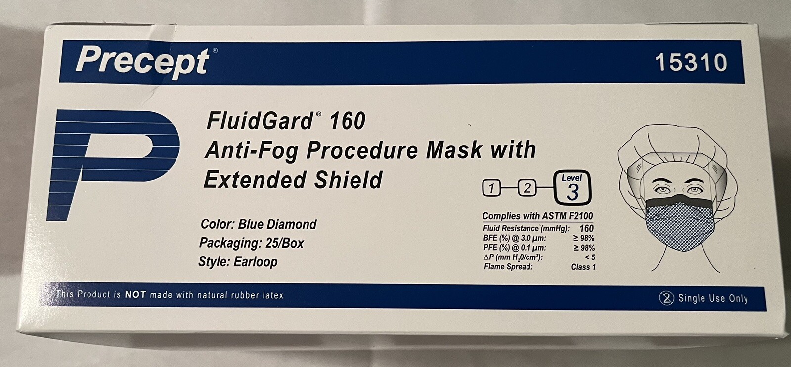 Precept FluidGard 160 procecure Surgical Mask With Extended Shield- 25/Box-Blue