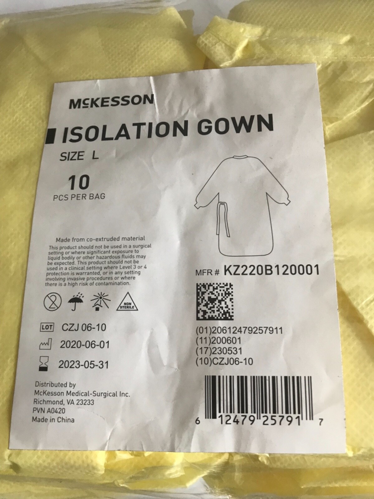 100 Count McKesson Yellow Isolation Gowns Elastic Cuff GSM 30 Size Large Exp2023