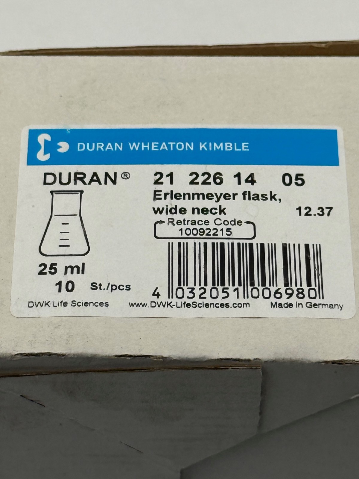 Duran Wheaton Kimble 21 226 14 05 25ml Erlenmeyer Flask Wide Neck – Box of 10 Pc