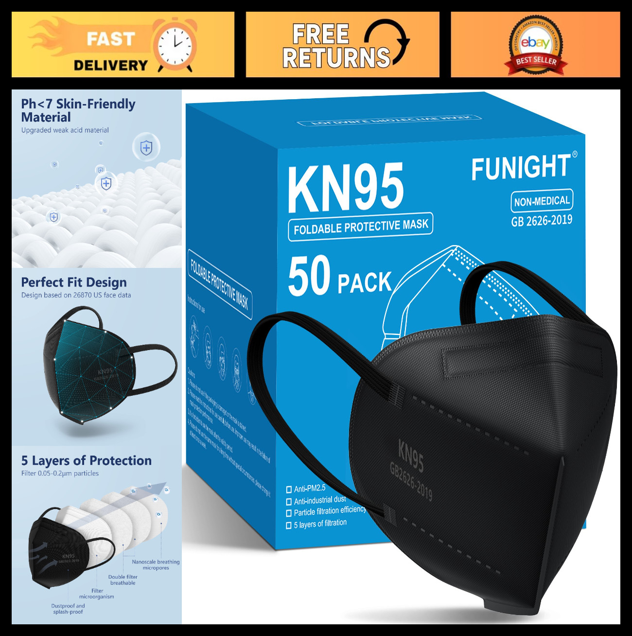 50 Pack KN95 Face Masks – 5-Ply Disposable, Breathable, Black Face Coverings
