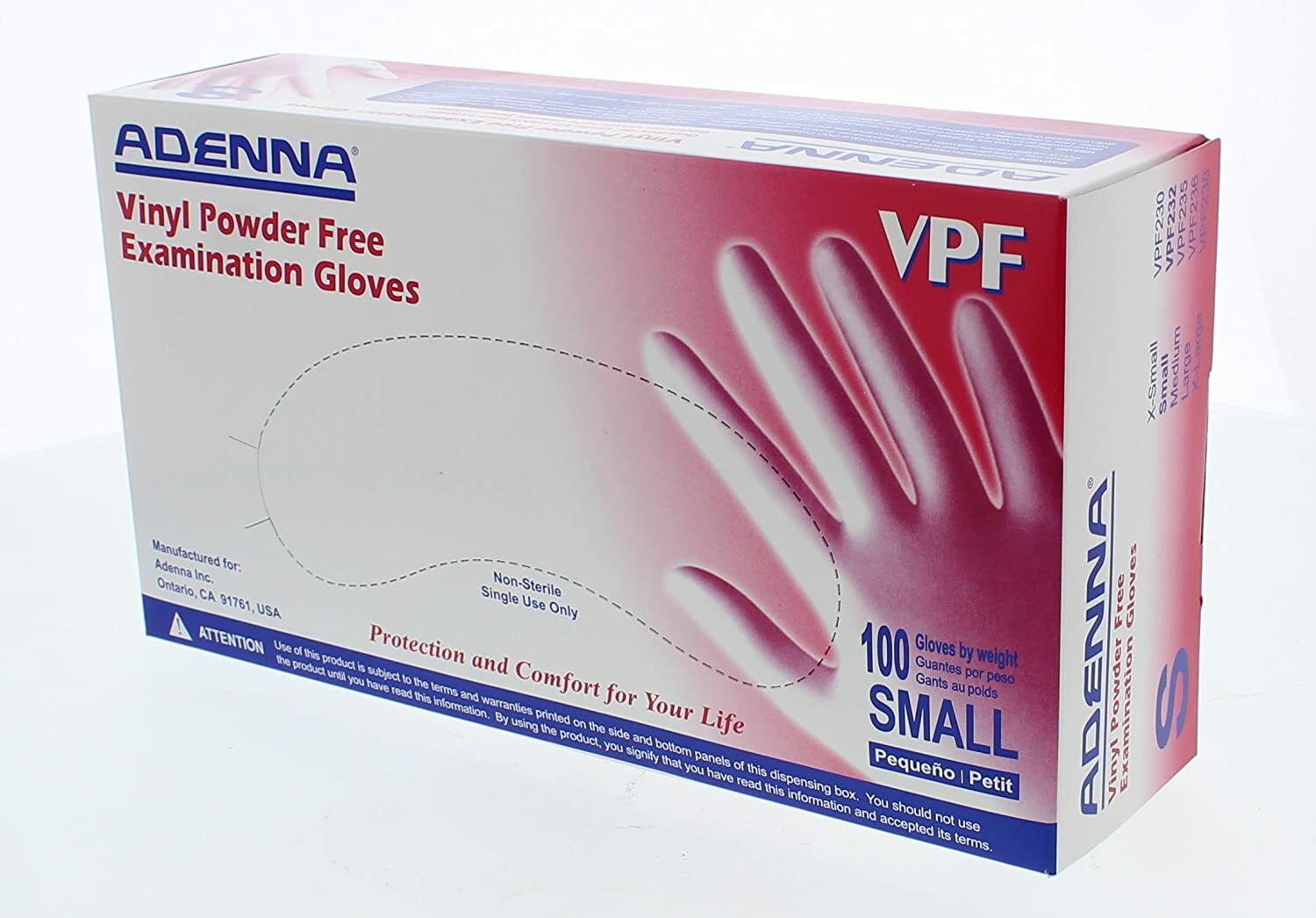 Adenna VPF232 Vinyl Powder Free Exam Gloves – Size Small, Box of 100