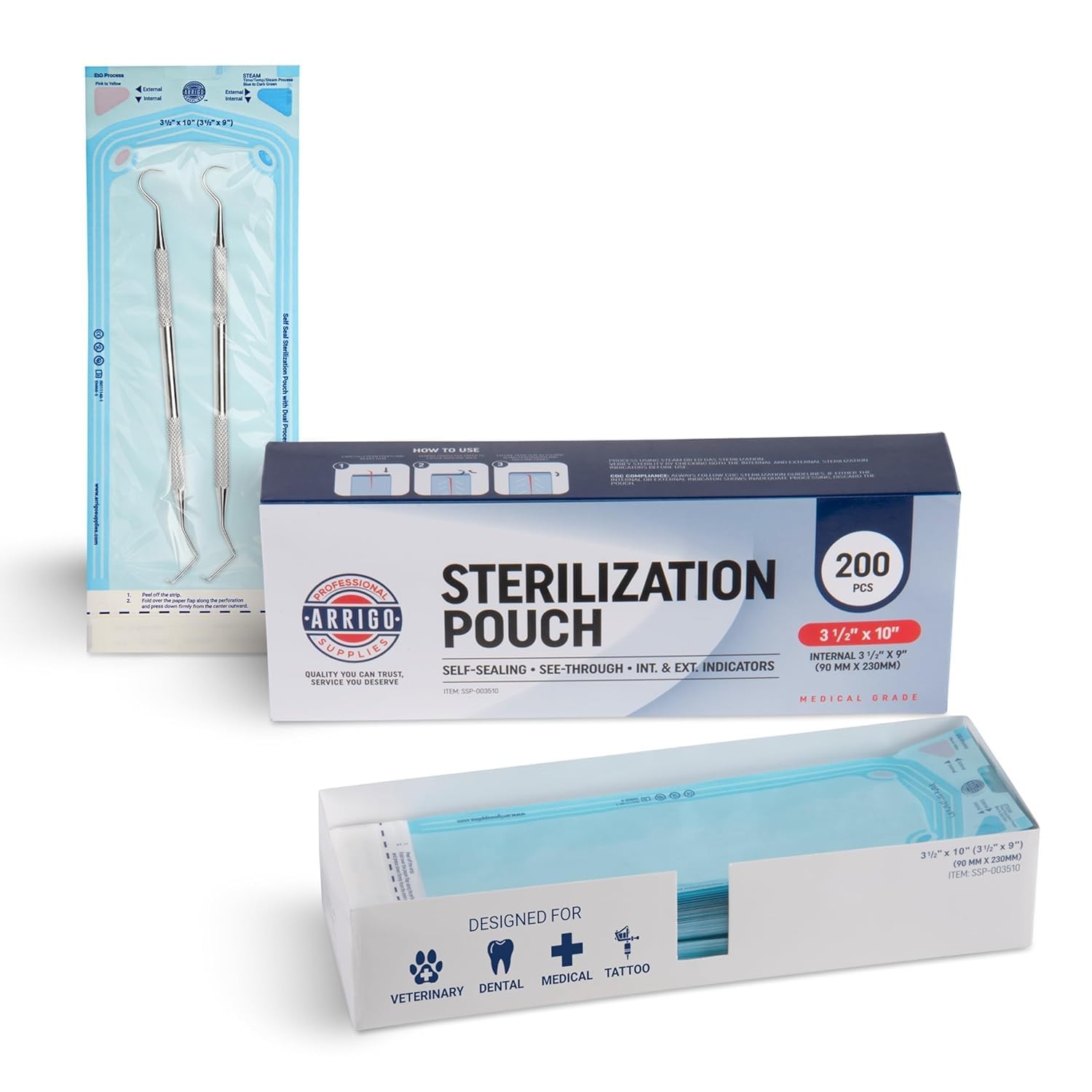 Arrigo SelfSealing Sterilization Pouches 3.5″ x 10″ – 200 Count – Autoclave B…