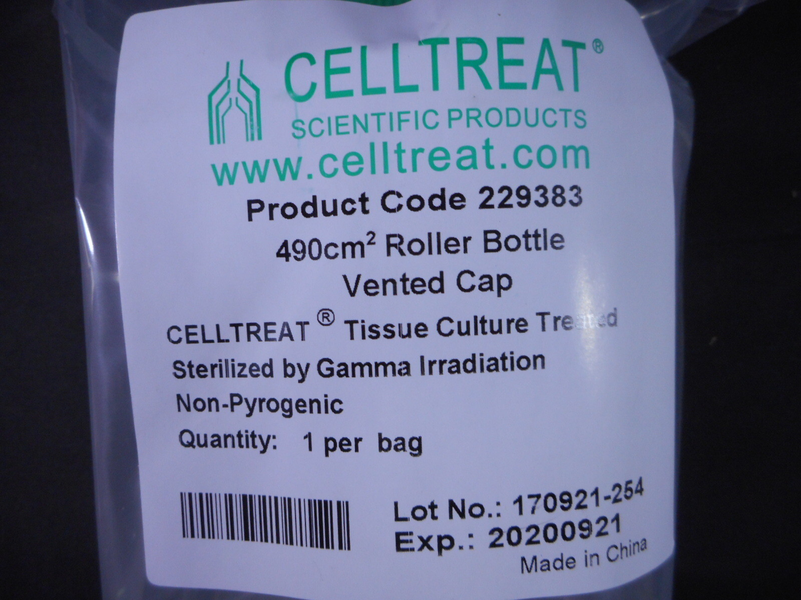 CELLTREAT Polystyrene 490cm² Tissue Culture Treated Roller Bottle 229383 (1/pk)