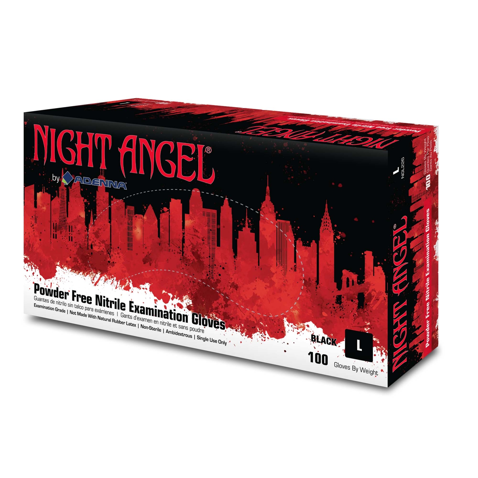 Adenna NGL225 Night Angel 4 mil Nitrile Powder Free Exam Gloves Black, M 100 pcs