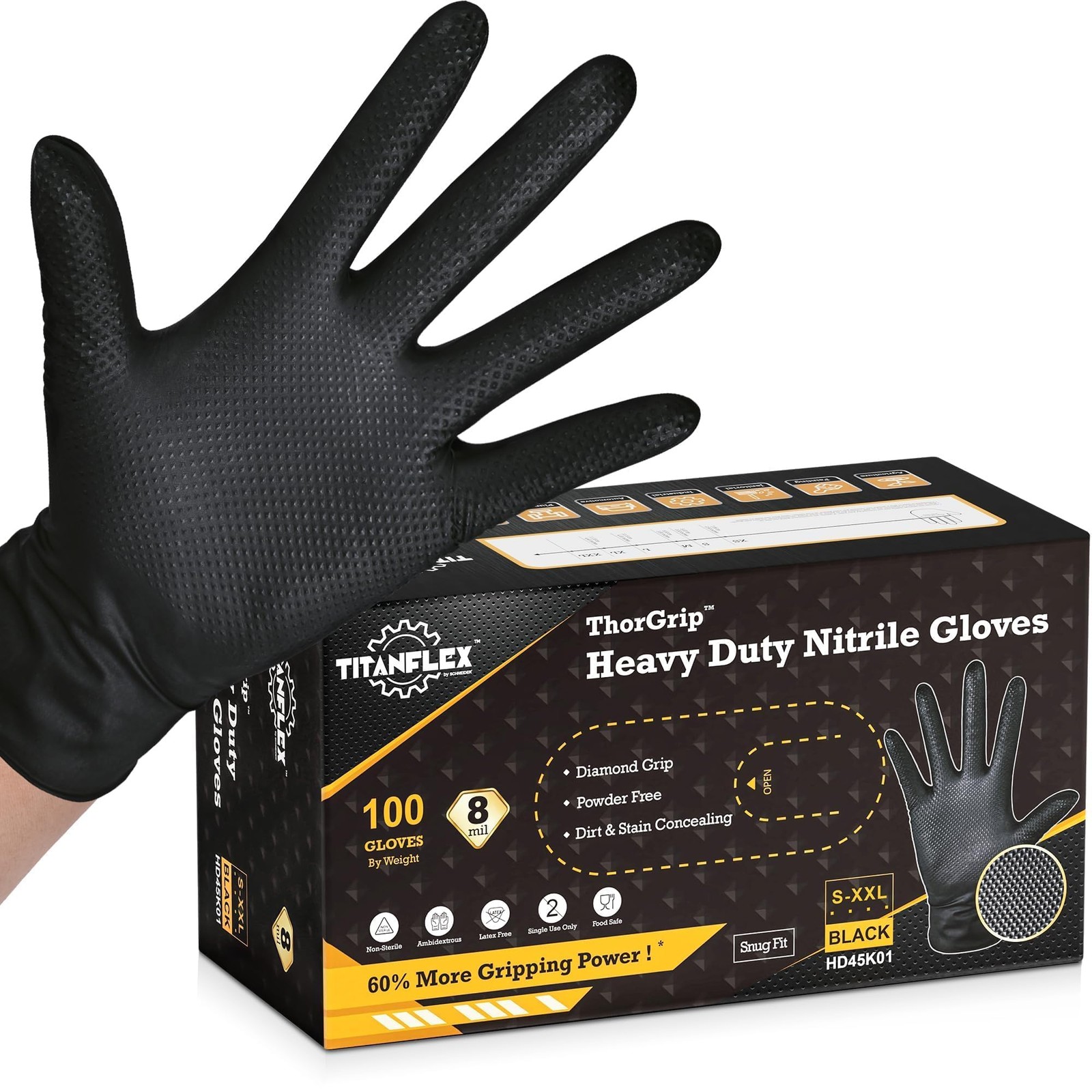 Heavy Duty Black Industrial Nitrile Gloves, 8-mil, Large, Box of 100, Latex F…
