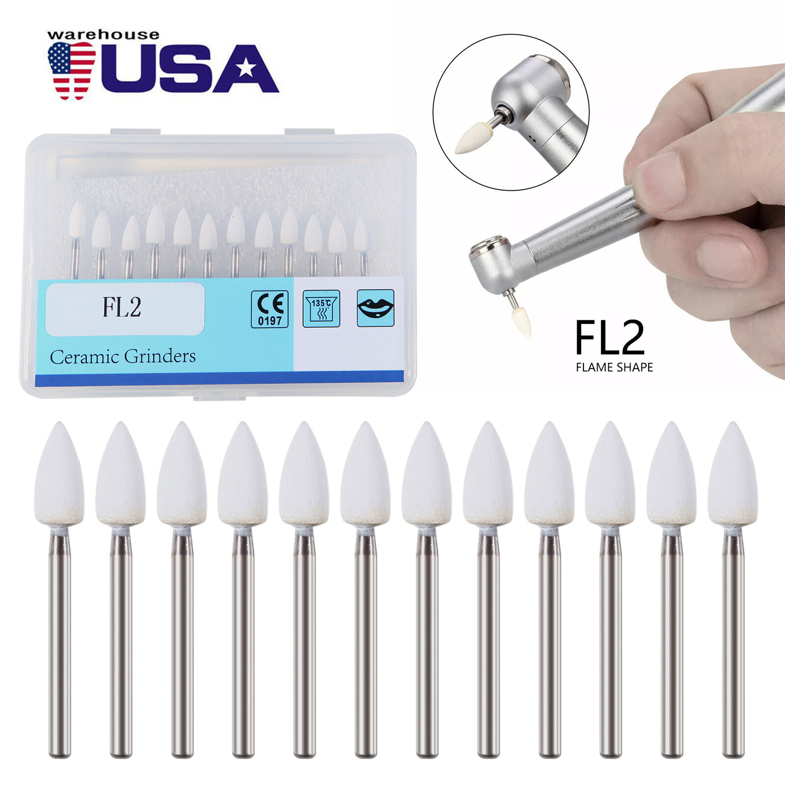 12*Dental Flame Mounted White Stone Polishing Burs FG Abrasion Point Polisher st