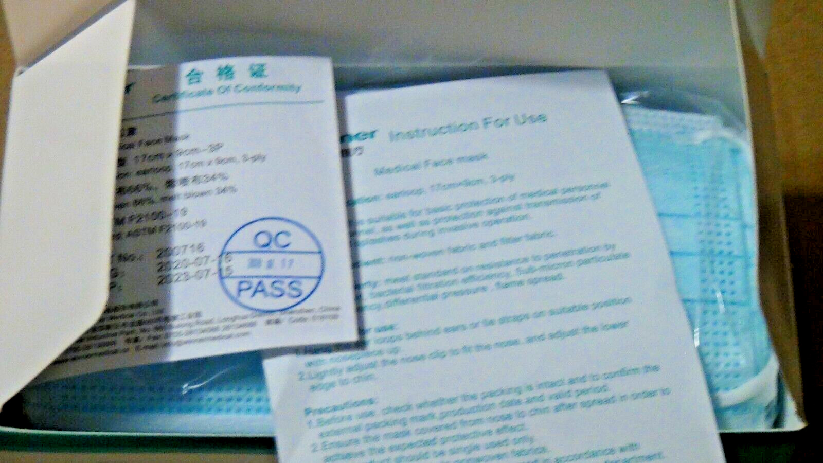 50 Pcs Disposable 3 Ply Medical Ear-Loop Face Masks ASTM Level 1 Blue