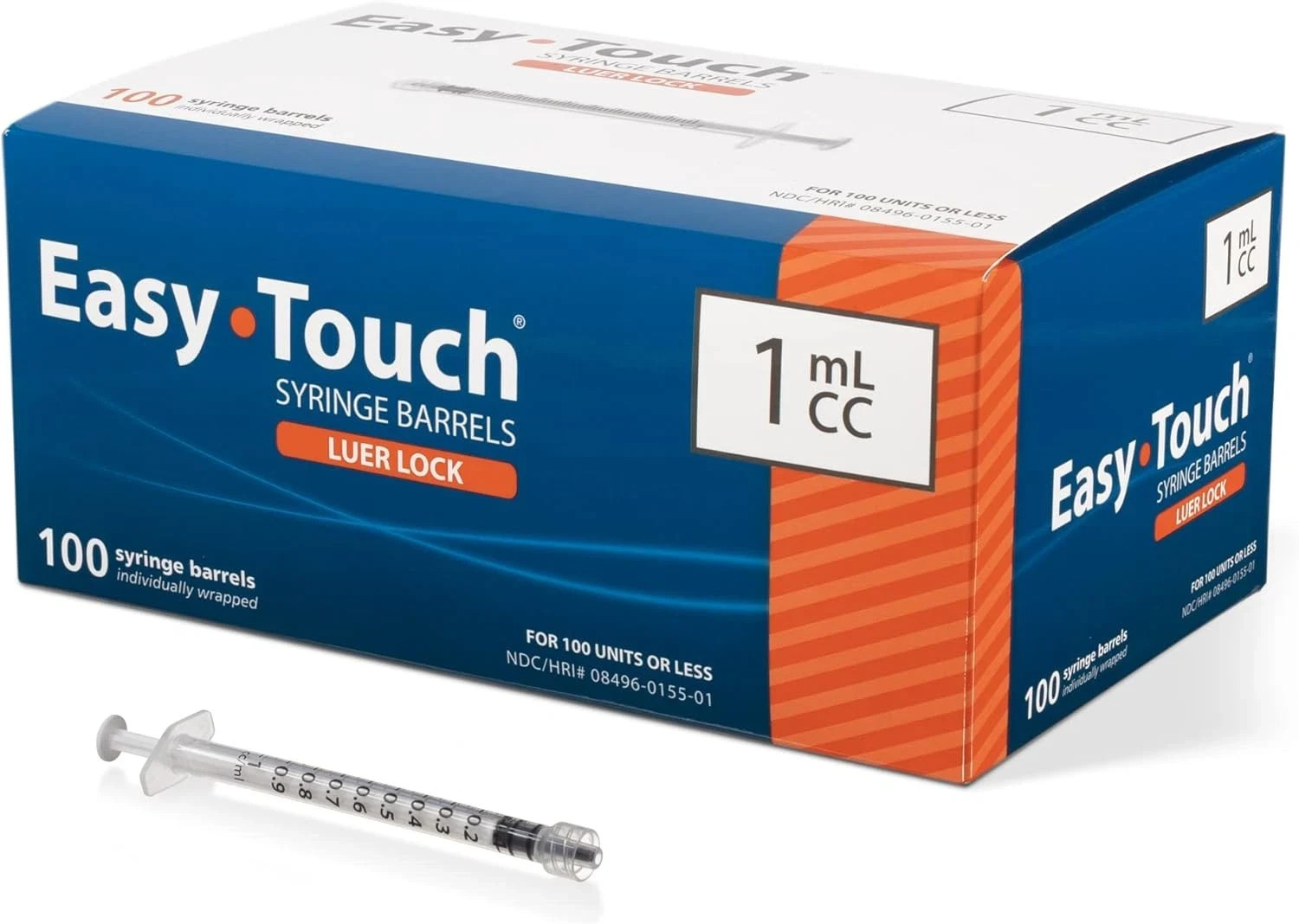 EasyTouch Luer-Lock Syringe Barrel, 1ML Syringe, Pack of 100 1 cc/ml