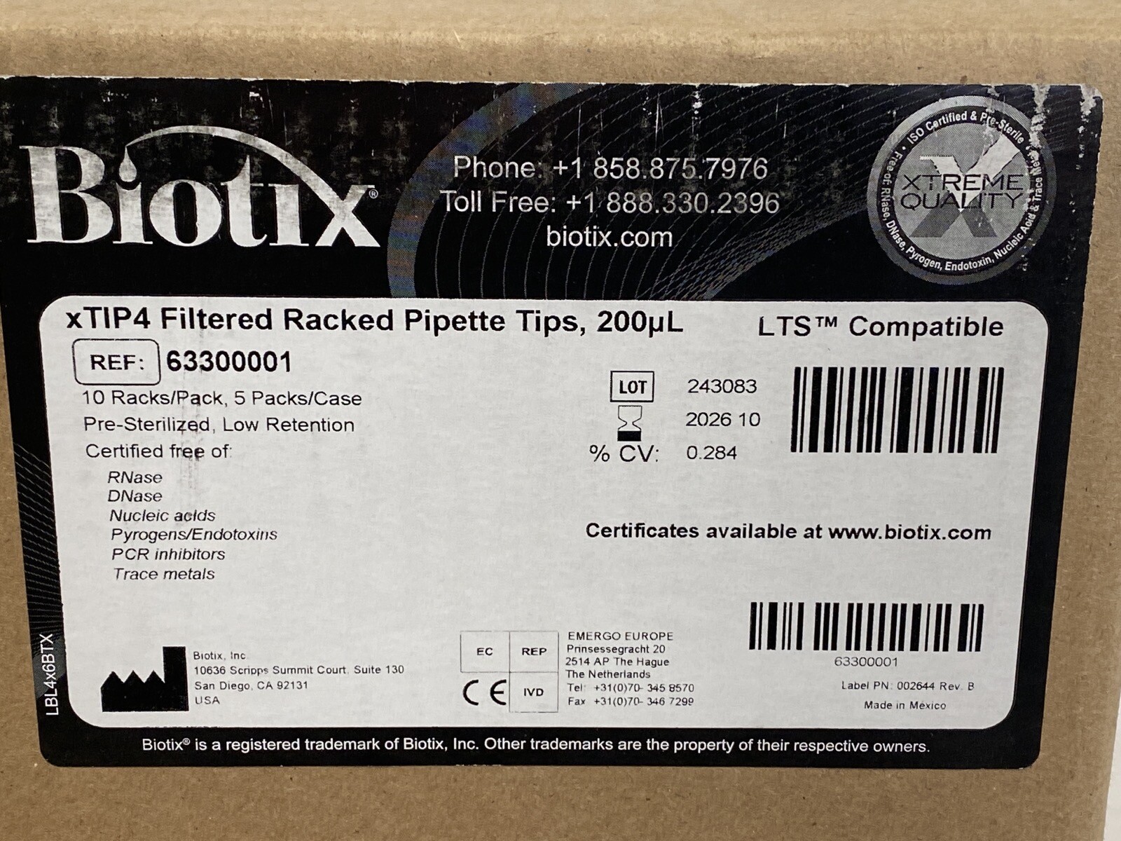 (4800/Cs) BIOTIX xTIP4 200uL LTS Compatible Filtered Pipet Tip 50×96/Rk 63300001
