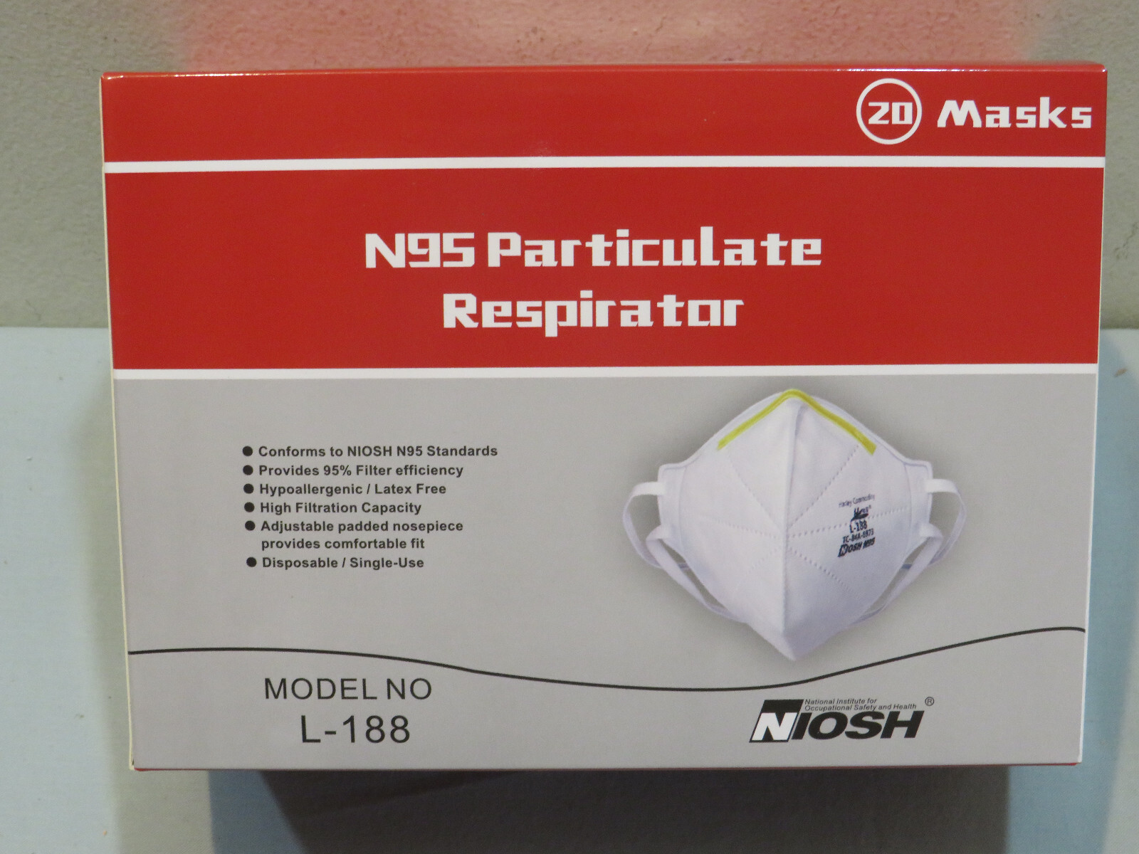New NIOSH N95 Particulate Respirator Face Mask Model No. L-188 – 20 Pack Sealed