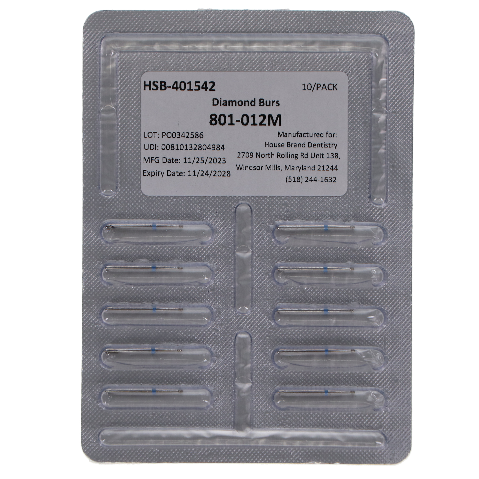 House Brand Dentistry 401542 FG 801-012M Round Medium Grit Diamond Burs 10/Pk