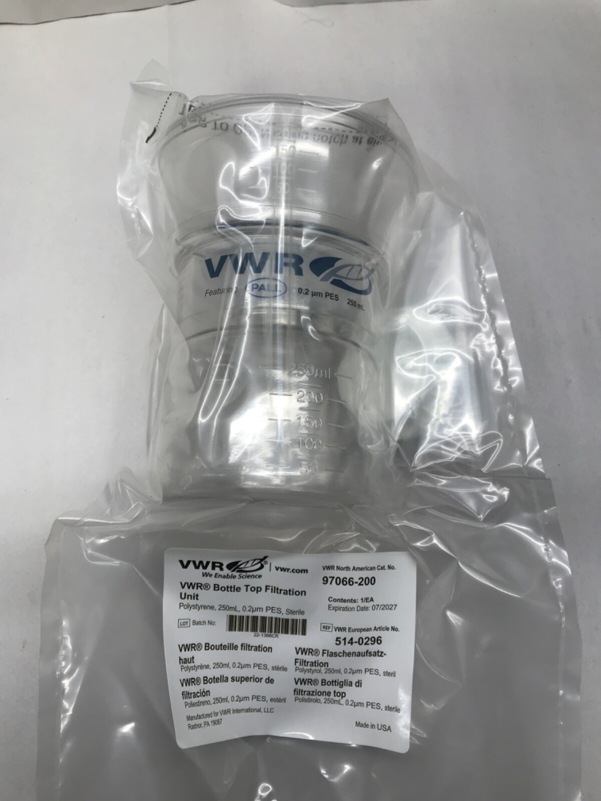 VWR Bottle Top Filtration Unit, 250mL, 0.2uL (Case of 12) 97066-200