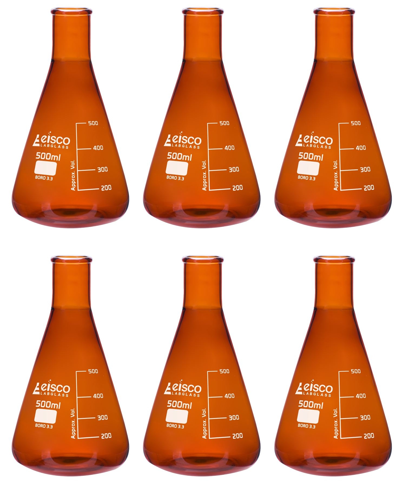 Eisco 500ml Erlenmeyer Flask, Narrow Neck – Amber Borosilicate Glass – 6 Pack