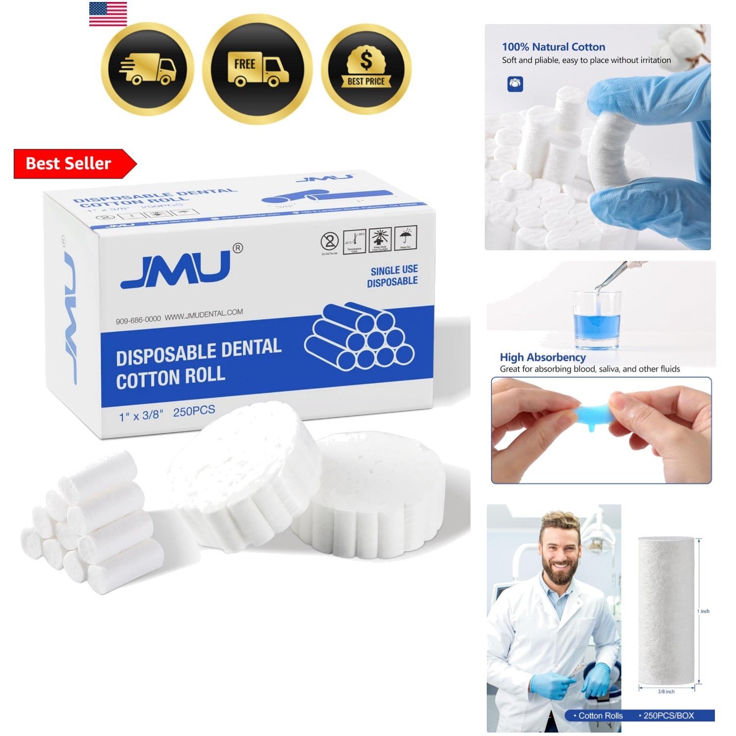 250 Pcs Dental Cotton Rolls, 1” Non-Sterile Nosebleed Plugs, Nosebleed Stopp…