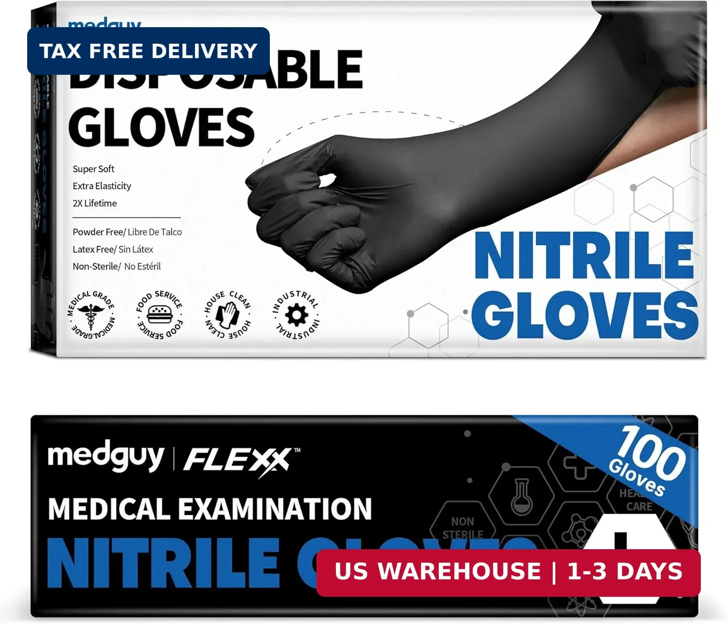 Medguy Nitrile Disposable Gloves, 4 Mil Black Powder-Free Latex-Free Food-Safe G